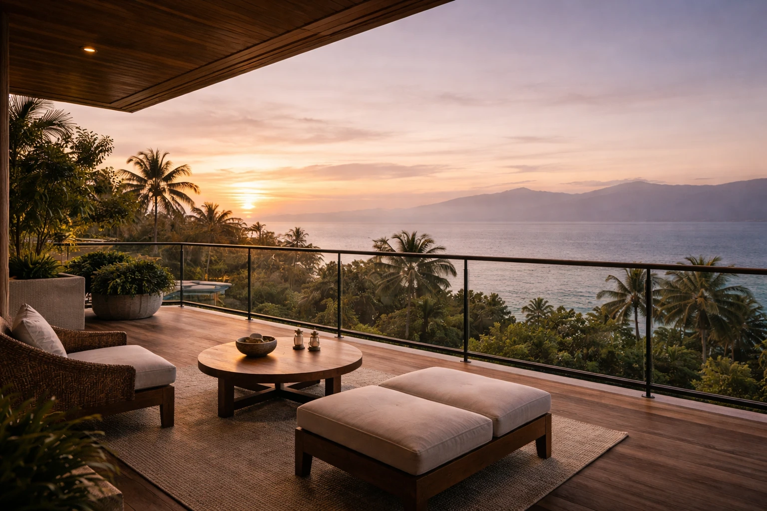 Luxury apartment-style resort balcony overlooking a pool and tropical greenery
