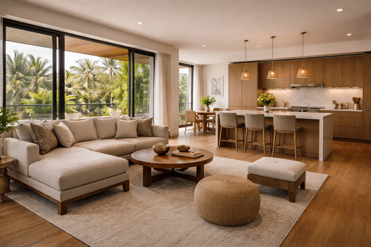 Apartment-style resort interior with a living area and full kitchen