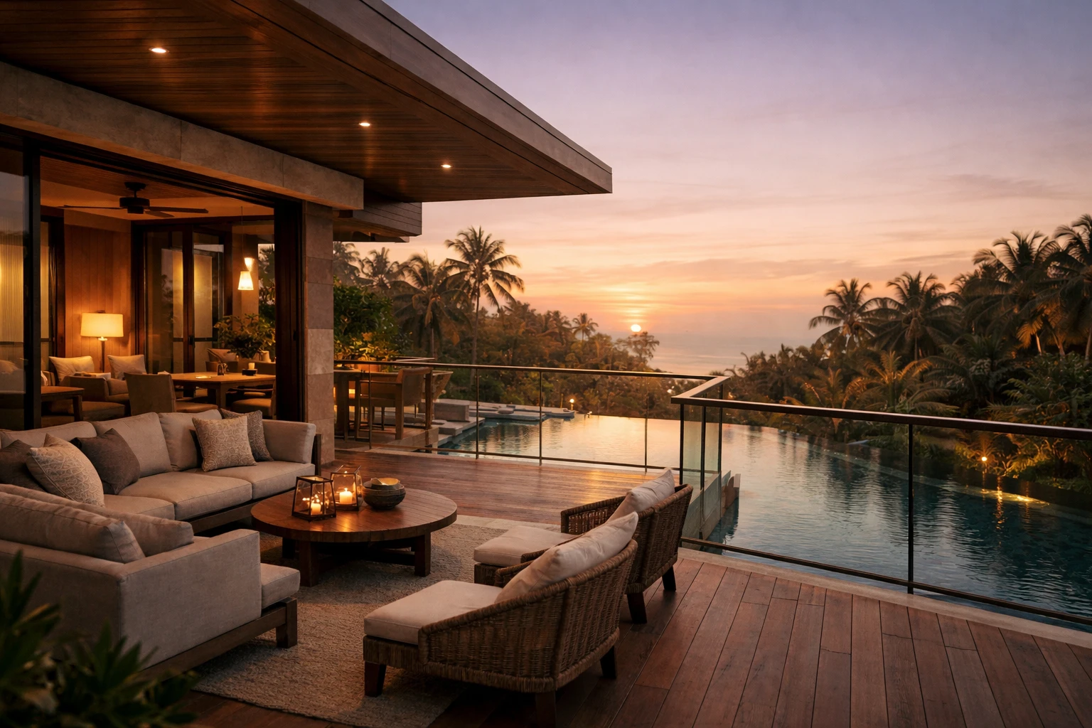 Luxury resort balcony view looking toward an open horizon, representing travel freedom